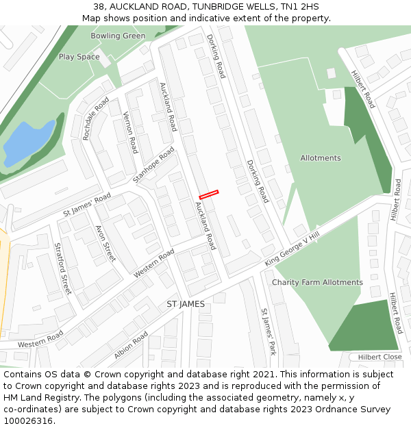 38, AUCKLAND ROAD, TUNBRIDGE WELLS, TN1 2HS: Location map and indicative extent of plot