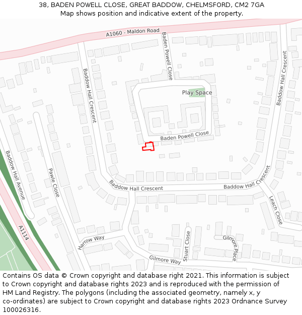 38, BADEN POWELL CLOSE, GREAT BADDOW, CHELMSFORD, CM2 7GA: Location map and indicative extent of plot
