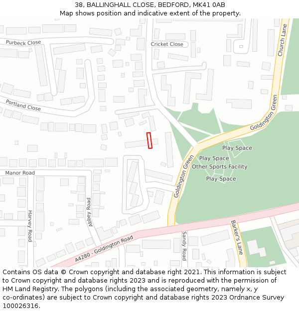38, BALLINGHALL CLOSE, BEDFORD, MK41 0AB: Location map and indicative extent of plot