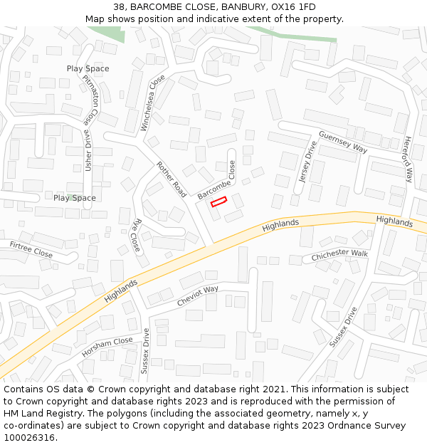 38, BARCOMBE CLOSE, BANBURY, OX16 1FD: Location map and indicative extent of plot