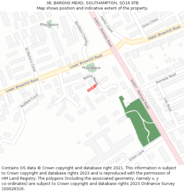38, BARONS MEAD, SOUTHAMPTON, SO16 9TB: Location map and indicative extent of plot