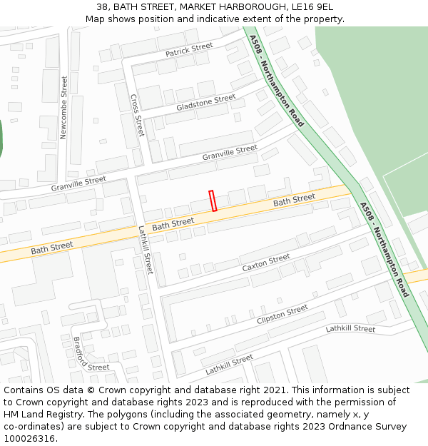 38, BATH STREET, MARKET HARBOROUGH, LE16 9EL: Location map and indicative extent of plot