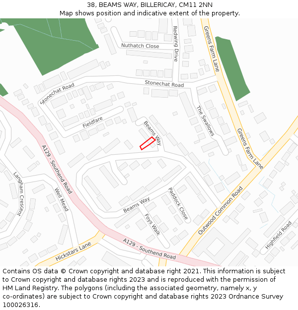 38, BEAMS WAY, BILLERICAY, CM11 2NN: Location map and indicative extent of plot