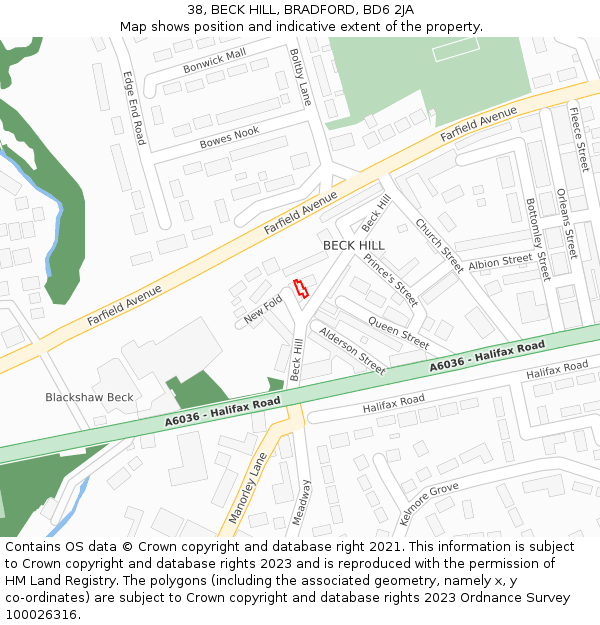 38, BECK HILL, BRADFORD, BD6 2JA: Location map and indicative extent of plot