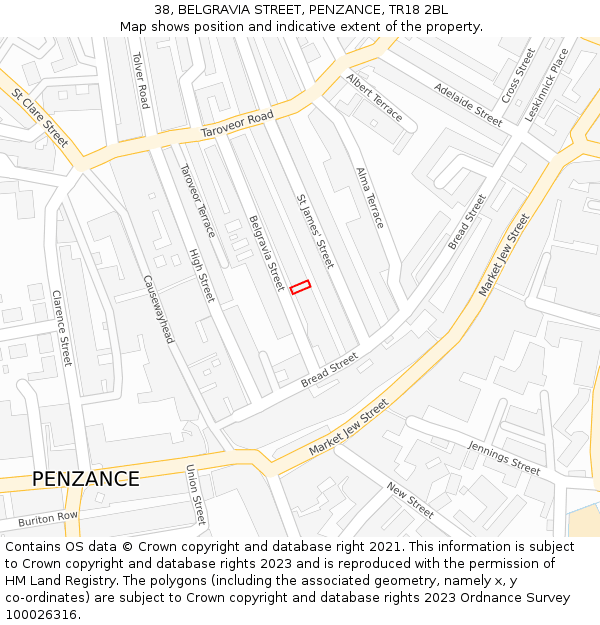 38, BELGRAVIA STREET, PENZANCE, TR18 2BL: Location map and indicative extent of plot