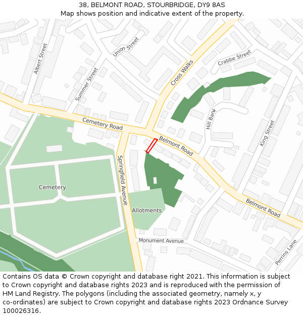 38, BELMONT ROAD, STOURBRIDGE, DY9 8AS: Location map and indicative extent of plot