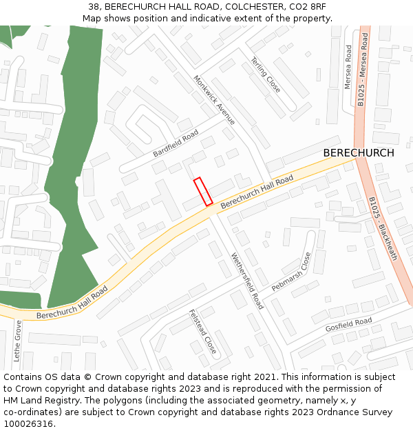 38, BERECHURCH HALL ROAD, COLCHESTER, CO2 8RF: Location map and indicative extent of plot