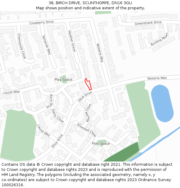 38, BIRCH DRIVE, SCUNTHORPE, DN16 3GU: Location map and indicative extent of plot