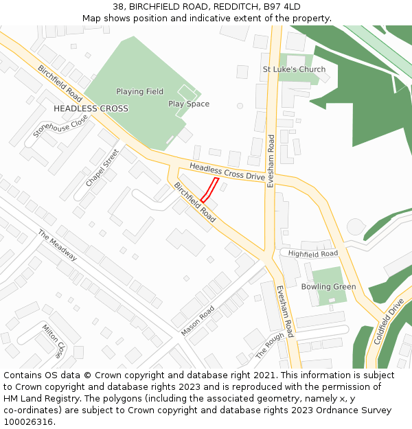 38, BIRCHFIELD ROAD, REDDITCH, B97 4LD: Location map and indicative extent of plot