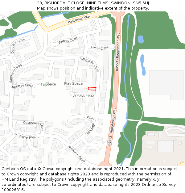 38, BISHOPDALE CLOSE, NINE ELMS, SWINDON, SN5 5UJ: Location map and indicative extent of plot