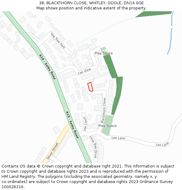 38, BLACKTHORN CLOSE, WHITLEY, GOOLE, DN14 0GE: Location map and indicative extent of plot