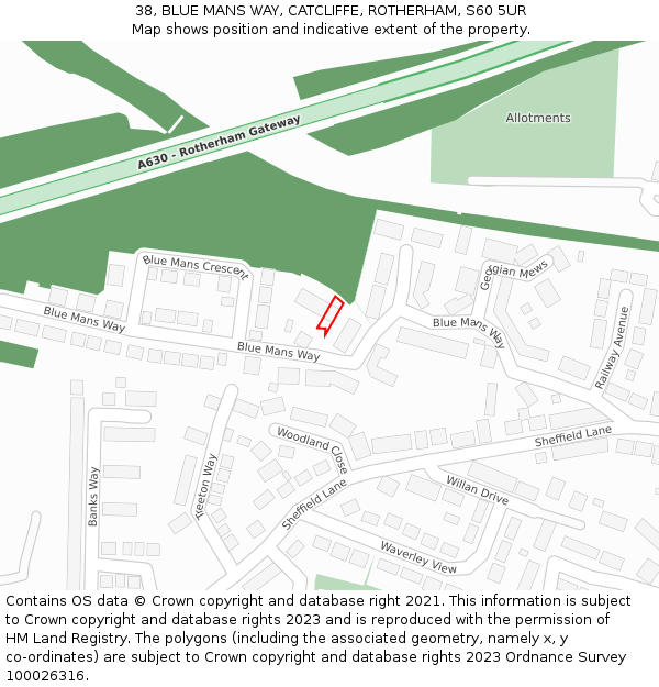 38, BLUE MANS WAY, CATCLIFFE, ROTHERHAM, S60 5UR: Location map and indicative extent of plot