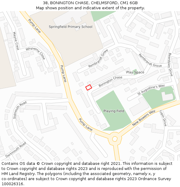 38, BONINGTON CHASE, CHELMSFORD, CM1 6GB: Location map and indicative extent of plot