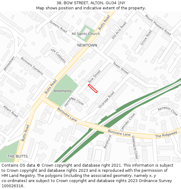 38, BOW STREET, ALTON, GU34 1NY: Location map and indicative extent of plot