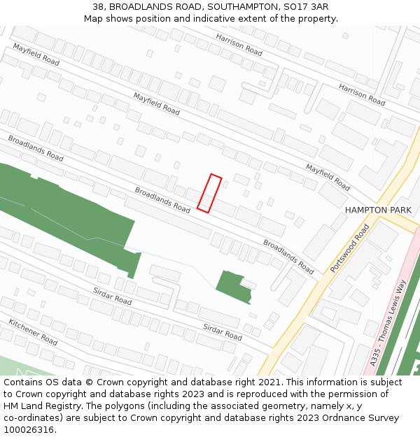 38, BROADLANDS ROAD, SOUTHAMPTON, SO17 3AR: Location map and indicative extent of plot