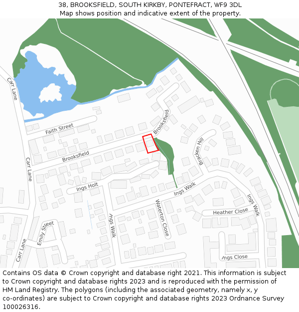 38, BROOKSFIELD, SOUTH KIRKBY, PONTEFRACT, WF9 3DL: Location map and indicative extent of plot