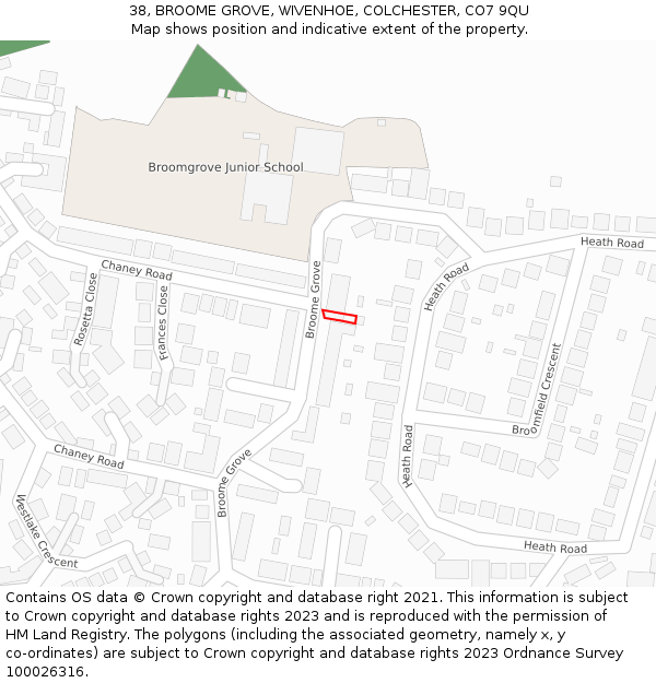 38, BROOME GROVE, WIVENHOE, COLCHESTER, CO7 9QU: Location map and indicative extent of plot