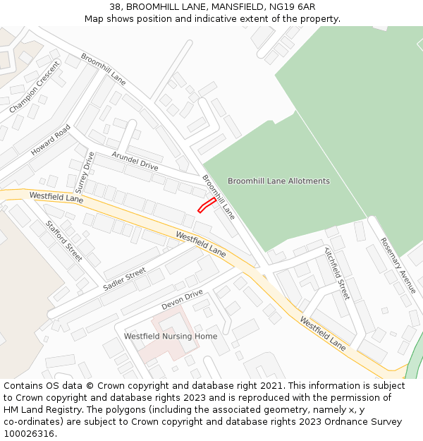 38, BROOMHILL LANE, MANSFIELD, NG19 6AR: Location map and indicative extent of plot