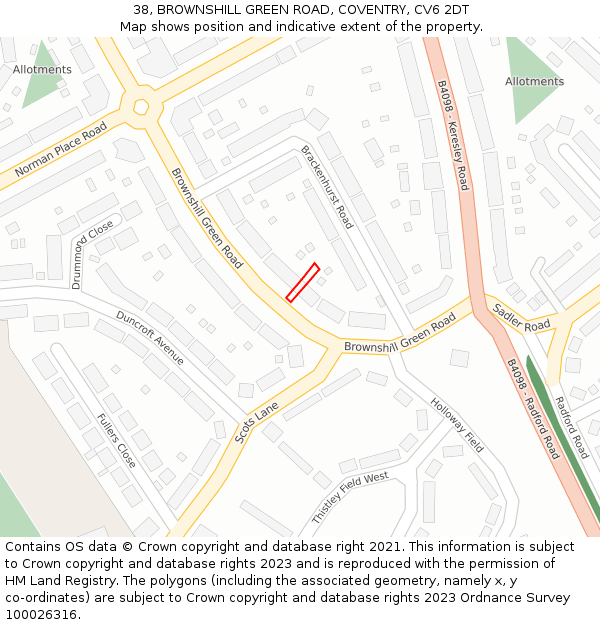 38, BROWNSHILL GREEN ROAD, COVENTRY, CV6 2DT: Location map and indicative extent of plot