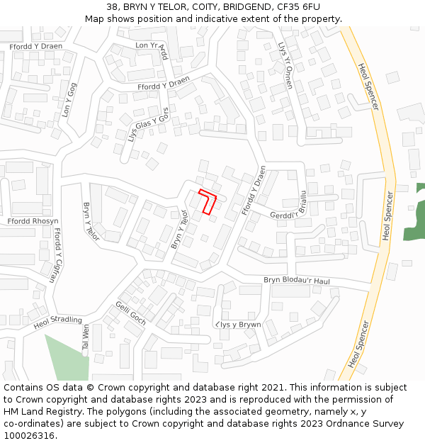 38, BRYN Y TELOR, COITY, BRIDGEND, CF35 6FU: Location map and indicative extent of plot