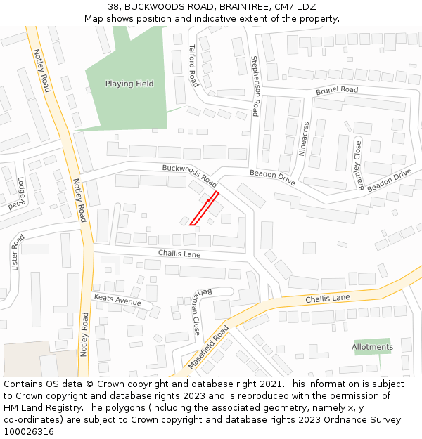 38, BUCKWOODS ROAD, BRAINTREE, CM7 1DZ: Location map and indicative extent of plot