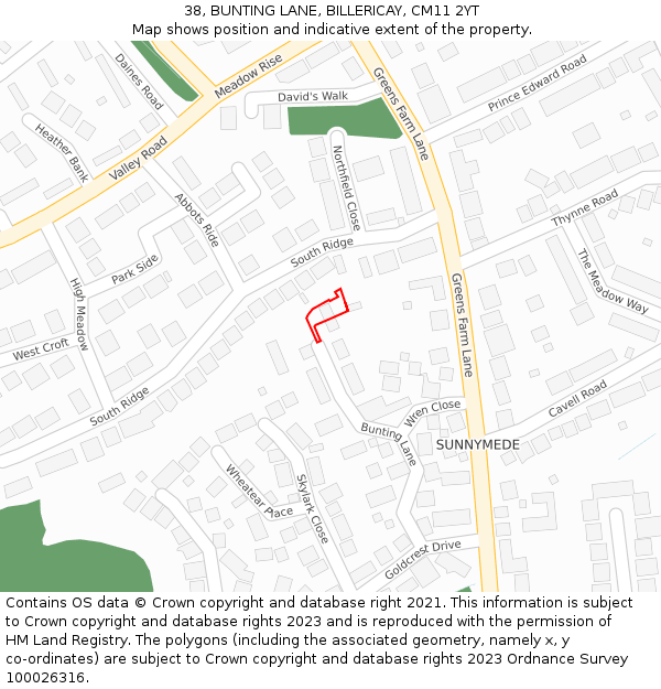 38, BUNTING LANE, BILLERICAY, CM11 2YT: Location map and indicative extent of plot