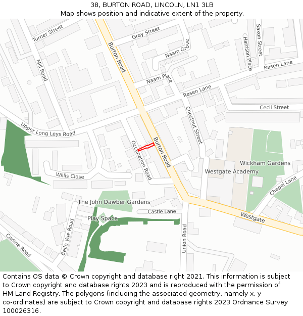 38, BURTON ROAD, LINCOLN, LN1 3LB: Location map and indicative extent of plot