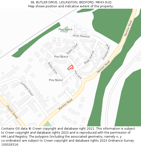 38, BUTLER DRIVE, LIDLINGTON, BEDFORD, MK43 0UQ: Location map and indicative extent of plot