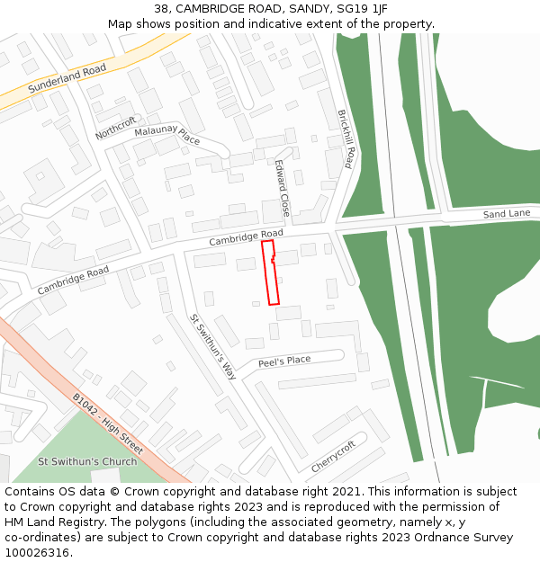38, CAMBRIDGE ROAD, SANDY, SG19 1JF: Location map and indicative extent of plot