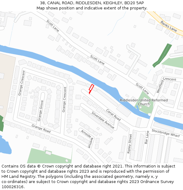 38, CANAL ROAD, RIDDLESDEN, KEIGHLEY, BD20 5AP: Location map and indicative extent of plot