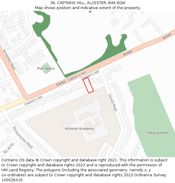 38, CAPTAINS HILL, ALCESTER, B49 6QW: Location map and indicative extent of plot