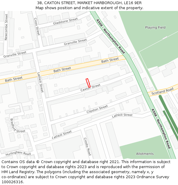 38, CAXTON STREET, MARKET HARBOROUGH, LE16 9ER: Location map and indicative extent of plot