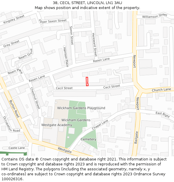 38, CECIL STREET, LINCOLN, LN1 3AU: Location map and indicative extent of plot