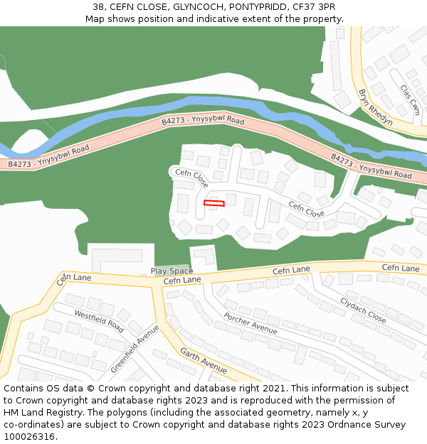 38, CEFN CLOSE, GLYNCOCH, PONTYPRIDD, CF37 3PR: Location map and indicative extent of plot