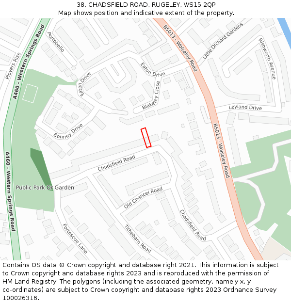 38, CHADSFIELD ROAD, RUGELEY, WS15 2QP: Location map and indicative extent of plot