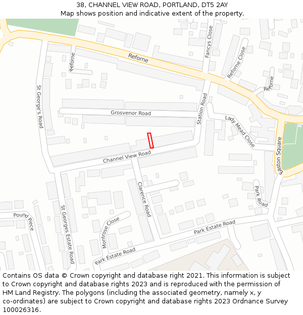 38, CHANNEL VIEW ROAD, PORTLAND, DT5 2AY: Location map and indicative extent of plot