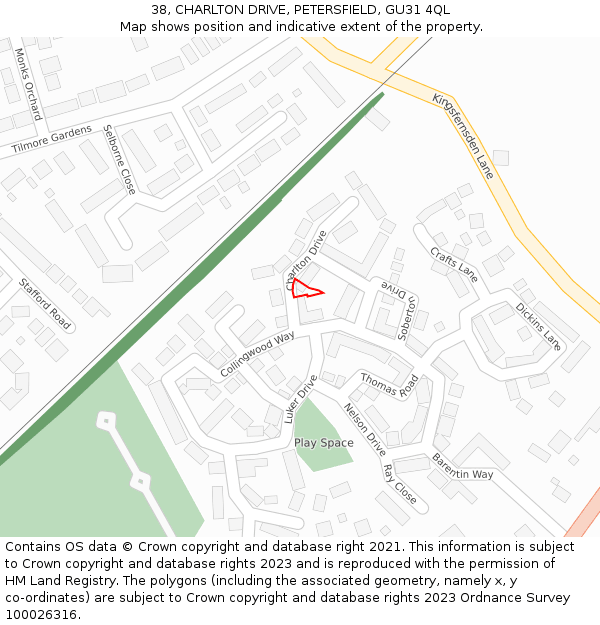 38, CHARLTON DRIVE, PETERSFIELD, GU31 4QL: Location map and indicative extent of plot