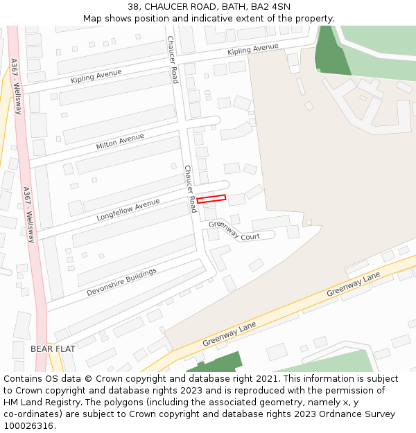 38, CHAUCER ROAD, BATH, BA2 4SN: Location map and indicative extent of plot
