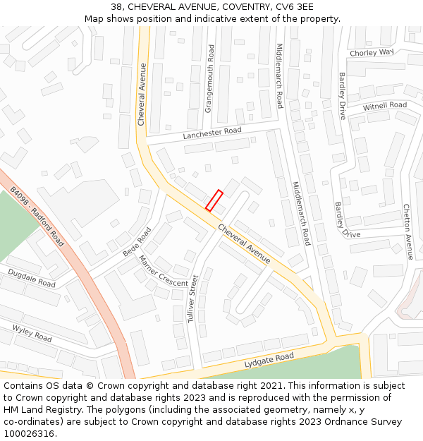 38, CHEVERAL AVENUE, COVENTRY, CV6 3EE: Location map and indicative extent of plot