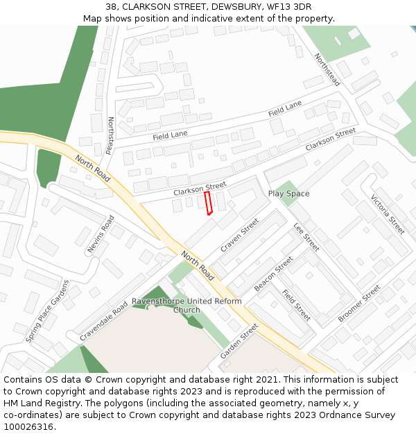38, CLARKSON STREET, DEWSBURY, WF13 3DR: Location map and indicative extent of plot