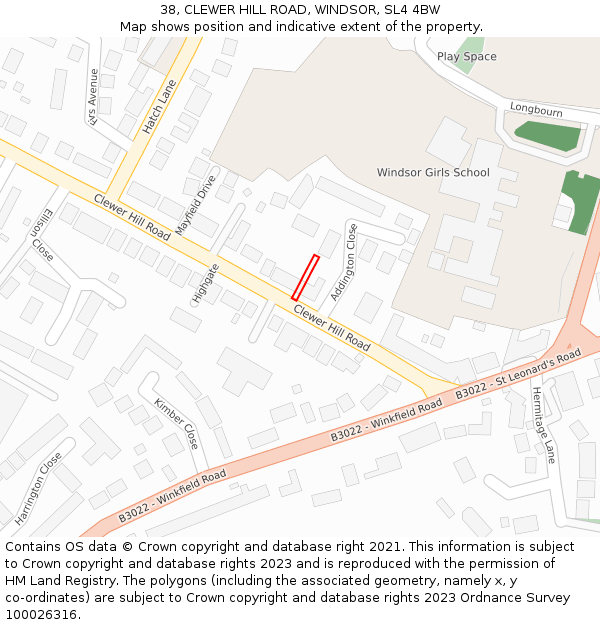 38, CLEWER HILL ROAD, WINDSOR, SL4 4BW: Location map and indicative extent of plot