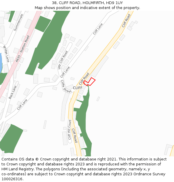 38, CLIFF ROAD, HOLMFIRTH, HD9 1UY: Location map and indicative extent of plot