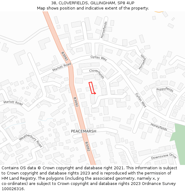 38, CLOVERFIELDS, GILLINGHAM, SP8 4UP: Location map and indicative extent of plot