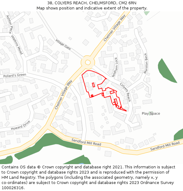 38, COLYERS REACH, CHELMSFORD, CM2 6RN: Location map and indicative extent of plot