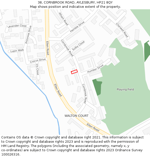 38, CORNBROOK ROAD, AYLESBURY, HP21 8QY: Location map and indicative extent of plot