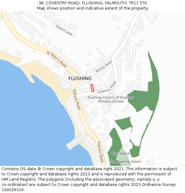 38, COVENTRY ROAD, FLUSHING, FALMOUTH, TR11 5TX: Location map and indicative extent of plot