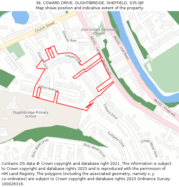 38, COWARD DRIVE, OUGHTIBRIDGE, SHEFFIELD, S35 0JP: Location map and indicative extent of plot