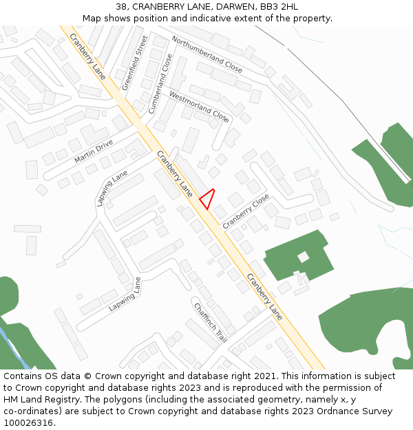 38, CRANBERRY LANE, DARWEN, BB3 2HL: Location map and indicative extent of plot