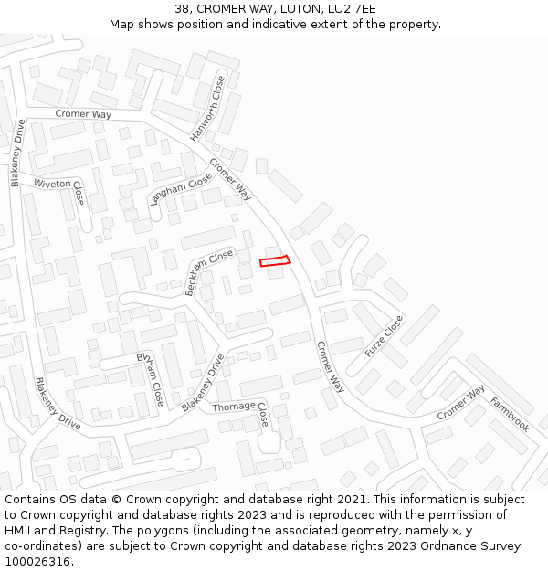 38, CROMER WAY, LUTON, LU2 7EE: Location map and indicative extent of plot