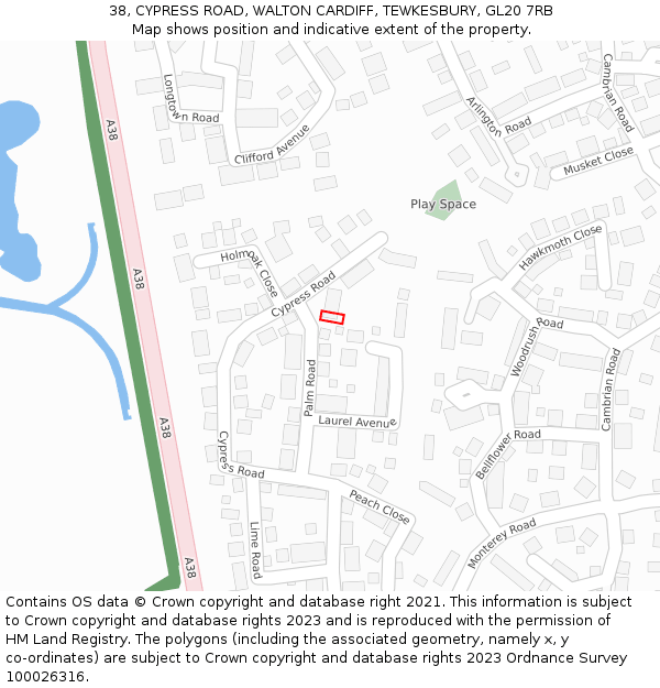 38, CYPRESS ROAD, WALTON CARDIFF, TEWKESBURY, GL20 7RB: Location map and indicative extent of plot